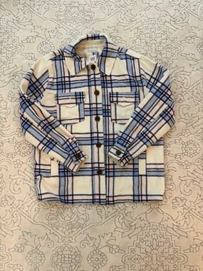 GAP Plaid Button-Up Shacket in Cream, Blue & Pink